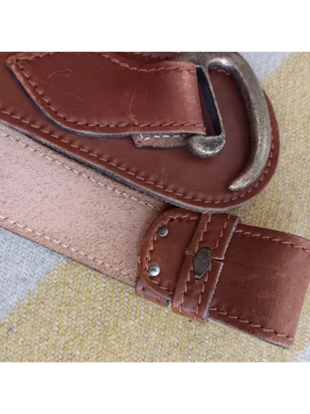 Large Vintage Hip Belt Brown Leather Hook Brass Buckle 1970's Boho Hippy 35W